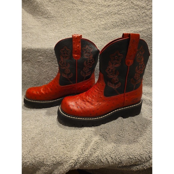 Ropers Women's Red And Black Boot With Flower Stiching Ostrich Print Size 5.5 - Picture 3 of 7